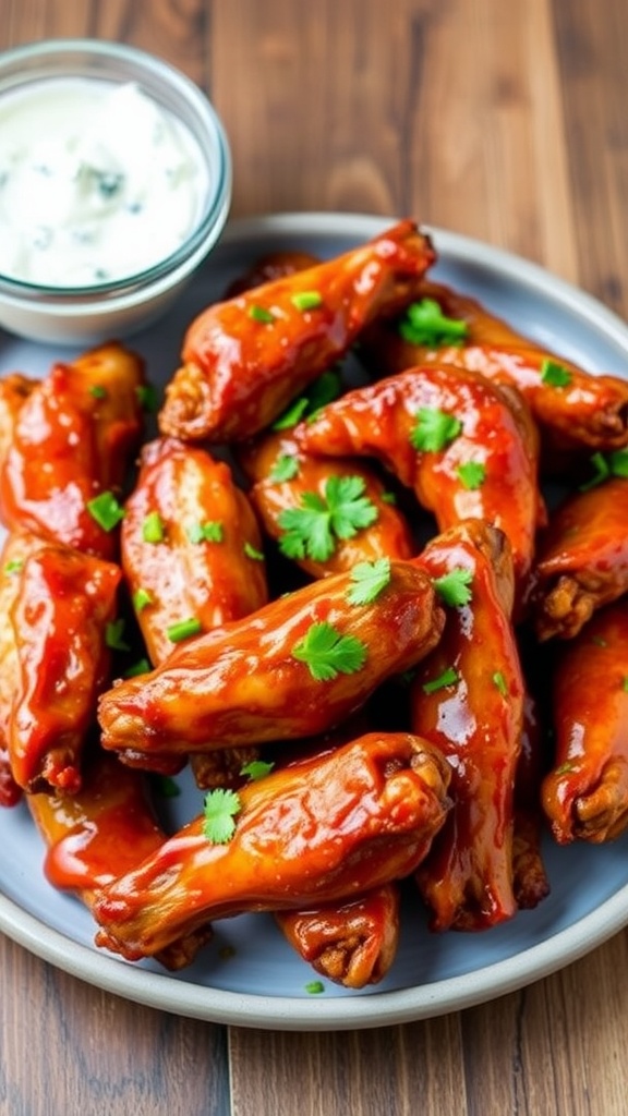 Crispy air fryer chicken wings glazed with sauce, served with blue cheese dressing and garnished with parsley on a rustic table.